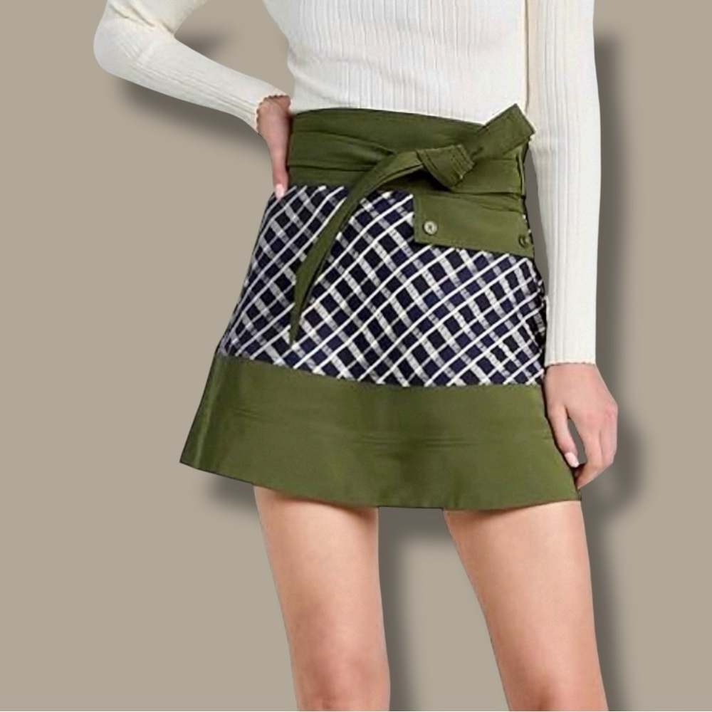 NWT Tanya Taylor ‘Mila’ Plaid Tiered Mini Skirt in Navy Blue & Army Green Size 0